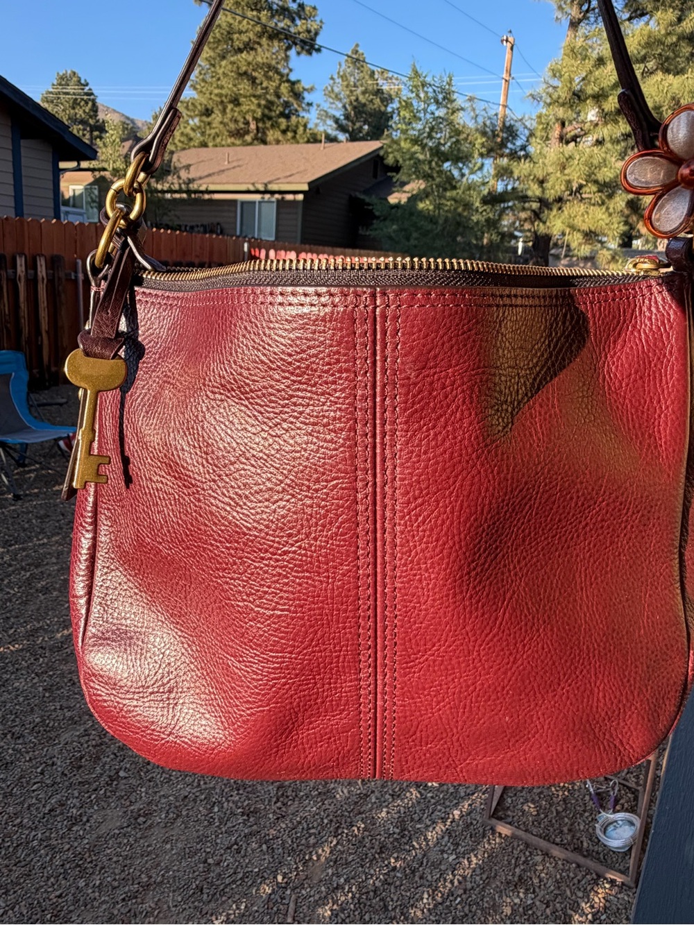 Fossil Red Pebbled Leather Shoulder Bag with Key Charm
